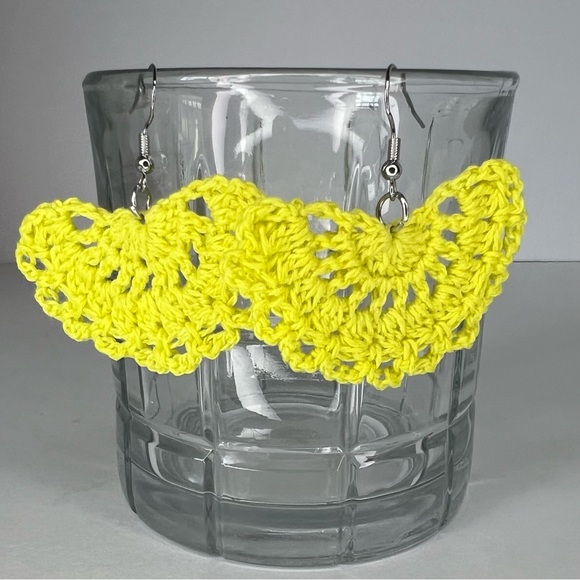 Handmade Crochet Fan Earrings on Hypoallergenic White Gold Plated Hooks Yellow - Picture 4 of 5